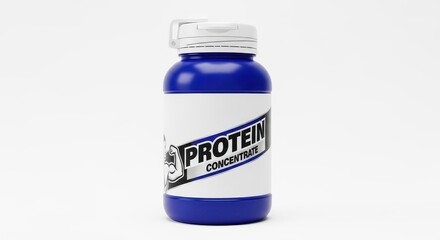 Obraz premium Blue container of nutritional supplement powder sits against a bright white background