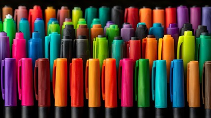 Numerous colorful writing implements stand upright in organized rows against a dark background