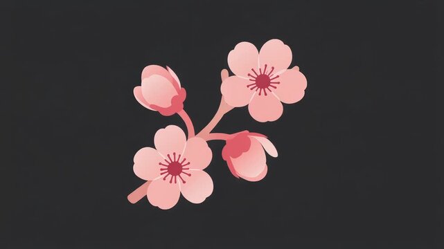Simple flat vector icon of a cherry blossom branch with pink buds opening into flowers on dark background.