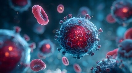 Microscopic depiction of pathogenic organisms circulating among red blood cells within a biological environment