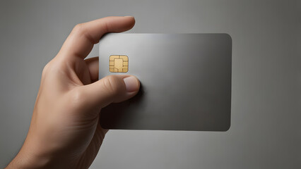 Neatly manicured hand holding a blank dark credit card mockup with an EMV chip. Business concept