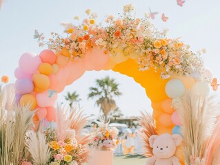 Pastel Celebration Arch, Balloons, Florals and Teddy Bear for a Party