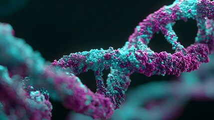 Detailed close up of a helical biological molecule structure with vibrant coloration