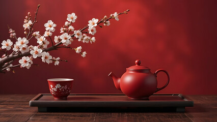 Traditional Chinese New Year still life of red teapot, tea cup, and white plum blossoms on a dark wood tray.