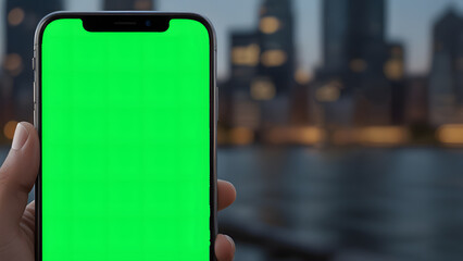 Modern vertical smartphone displaying a bright green screen for easy content replacement in a cityscape. Technology concept