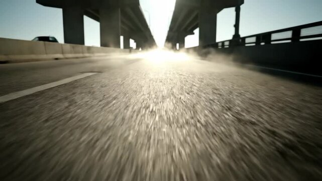 Low angle view of an asphalt road under a bridge with sun glare.