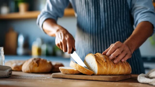 Hands carefully cut a loaf of crusty bread, highlighting the texture and freshness of homemade baking. The kitchen background adds warmth and authenticity to the culinary moment