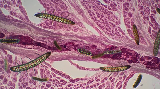 Microscopic view of biological tissue heavily infested with numerous elongated, segmented parasitic organisms.