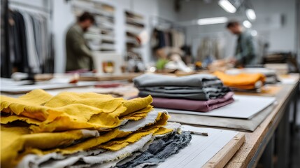 Assortment of colorful textile swatches rests on a work surface within a garment production