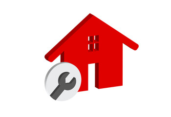 Simple 3D illustration of a red house icon with a tool