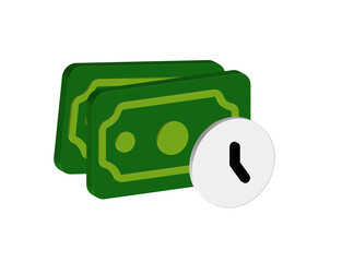 Simple 3D illustration of a greenback icon with a clock