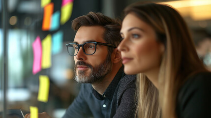 Two business people, a man and a woman in their thirties, sitting together at an office desk and looking towards the glass wall behind them, where colored sticky notes are displayed.