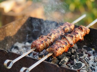 Grilling Delicious Skewers of Marinated Meat Outdoors