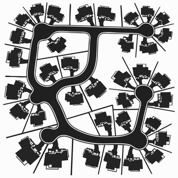 Aerial view of suburban neighborhood with houses and cul-de-sacs.