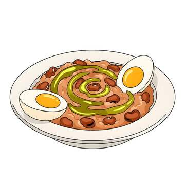 A colorful handdrawn illustration of Tacu Tacu, a traditional Peruvian dish made with rice and beans, topped with a green sauce and served with a boiled egg.