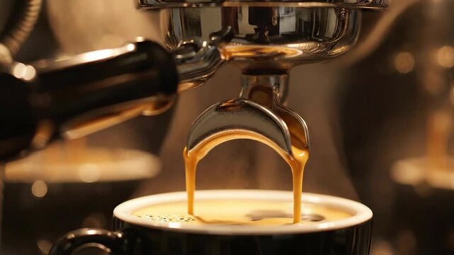Close-up of rich espresso coffee being brewed and dripping into a black mug from a professional chrome espresso machine, with steam rising in soft