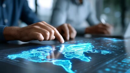 Close up of hands using an interactive holographic map displaying global data and analytics in a high tech workspace. Innovative digital interface highlights modern business intelligence trends - Powered by Adobe