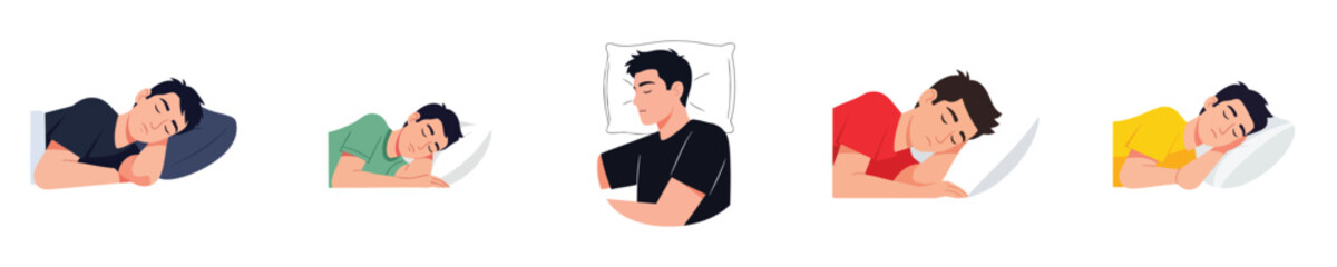 Sleeping Man Flat Vector Illustration Healthy Night Rest Lifestyle Set