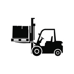 Fototapeta premium Black silhouette of forklift lifting a pallet with boxes.
