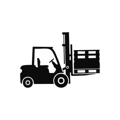 Fototapeta premium Black silhouette of a forklift carrying a pallet in side view.