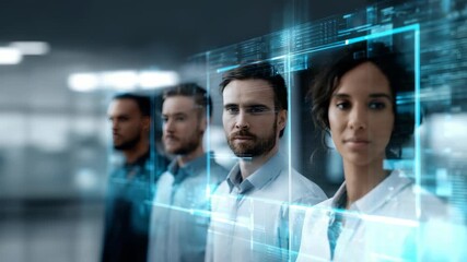 Confident business team members are highlighted by transparent digital HUD elements, symbolizing advanced analytics and artificial intelligence. The scene reflects progress and digital transformation - Powered by Adobe