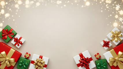 Festive celebration background with an array of beautifully wrapped gift boxes and sparkling bokeh lights, creating a joyful atmosphere and ample copy space