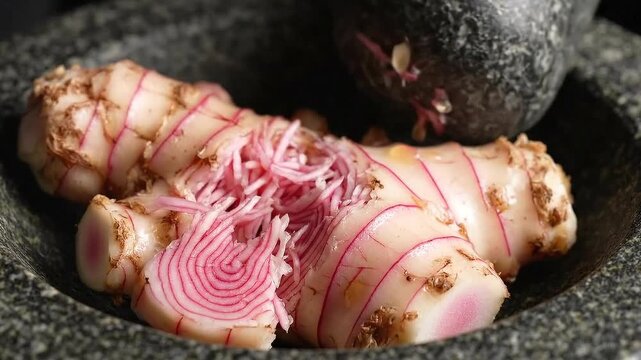 Galangal Root Being Pounded in Stone Mortar for Herbal Drink Preparation Close Up