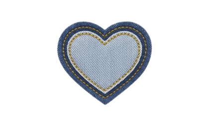  Denim heart patch with yellow stitching on a transparent background PNG image file