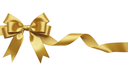  Golden Satin Gift Bow with Flowing Ribbon on a Transparent Background PNG Image File