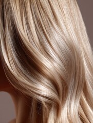 Light ash blonde hair cascading smoothly with glossy, healthy shine, detailed texture visible in a premium studio beauty portrait 