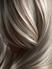 Light ash blonde hair cascading smoothly with glossy, healthy shine, detailed texture visible in a premium studio beauty portrait 