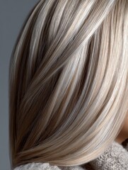 Light ash blonde hair cascading smoothly with glossy, healthy shine, detailed texture visible in a premium studio beauty portrait 