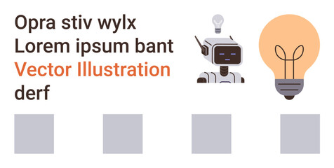 Innovation, technology, AI development, automation, creative thinking, business solutions. Robot with a light bulb and placeholder text. Innovation and technology conceptual visual