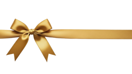 Shiny golden satin ribbon bow with long tails on a transparent background PNG image