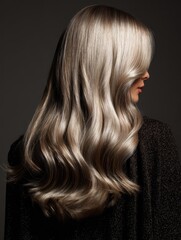 Luxurious ash blonde hair falling gently across the shoulders, glossy and smooth with high-detail texture, modern beauty style 