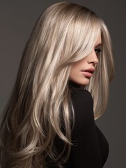 Luxurious ash blonde hair falling gently across the shoulders, glossy and smooth with high-detail texture, modern beauty style 