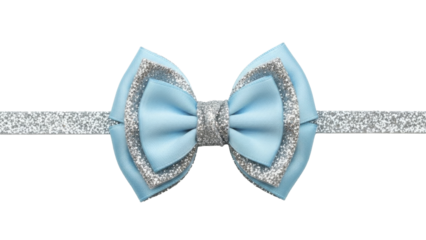 Elegant Light Blue and Silver Glitter Layered Bow on a Transparent Background, PNG image