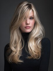 Portrait of long ash blonde hair flowing over the shoulders, soft texture illuminated with subtle highlights for a premium salon aesthetic 