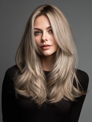 Portrait of long ash blonde hair flowing over the shoulders, soft texture illuminated with subtle highlights for a premium salon aesthetic 