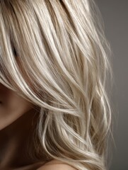 Ultra-detailed close-up featuring ash blonde hair, silky strands cascading elegantly over the shoulders, refined beauty concept