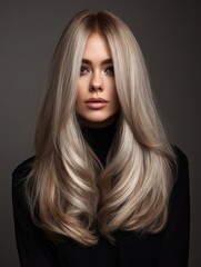 Portrait of long ash blonde hair flowing over the shoulders, soft texture illuminated with subtle highlights for a premium salon aesthetic