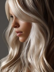 Fototapeta premium Ultra-detailed close-up featuring ash blonde hair, silky strands cascading elegantly over the shoulders, refined beauty concept -