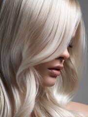 Ultra-detailed close-up featuring ash blonde hair, silky strands cascading elegantly over the shoulders, refined beauty concept -