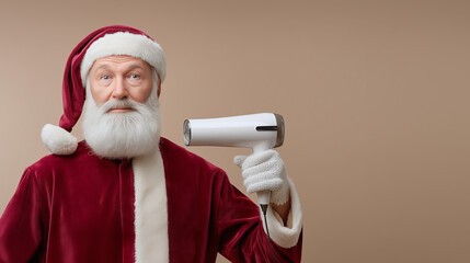 Elderly man dressed as Santa Claus, wearing a red suit and white gloves, holding a hairdryer, with a neutral background, showcasing a humorous holiday concept