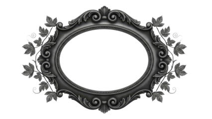  Ornate Silver Oval Frame with Decorative Leaves on a Transparent Background PNG File