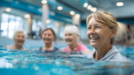 Smiling mature women participate in water aerobics class inside brightly lit recreation facility