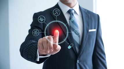 Businessman touching futuristic medical interface with icons