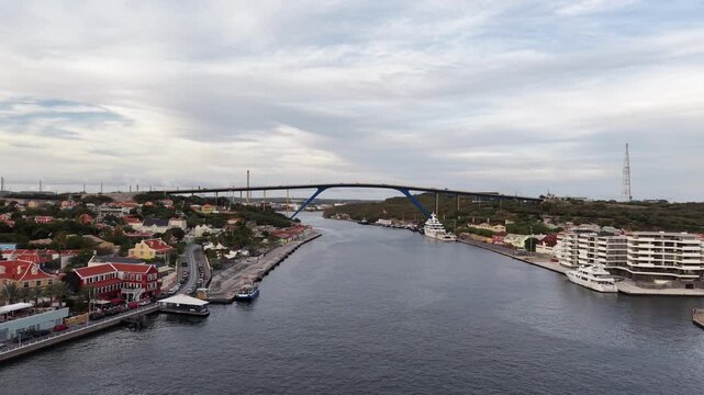 4K 60FPS Footage: Willemstad (Day). Colonial Houses, Queen Emma Bridge, and Cruise Ship.