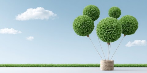 Green spherical topiary plants arranged in a decorative pot, floating against a clear blue sky with soft clouds, creating a whimsical and vibrant atmosphere for design inspiration