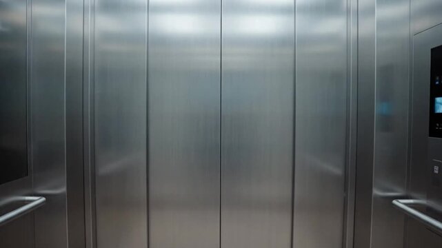 Modern elevator interior with open doors and stainless steel panels